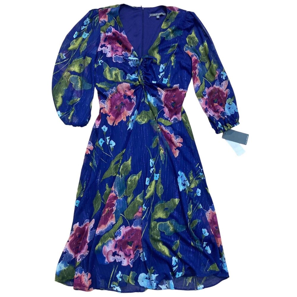Julia Jordan Blue Pleated Midi Dress with V-Neck